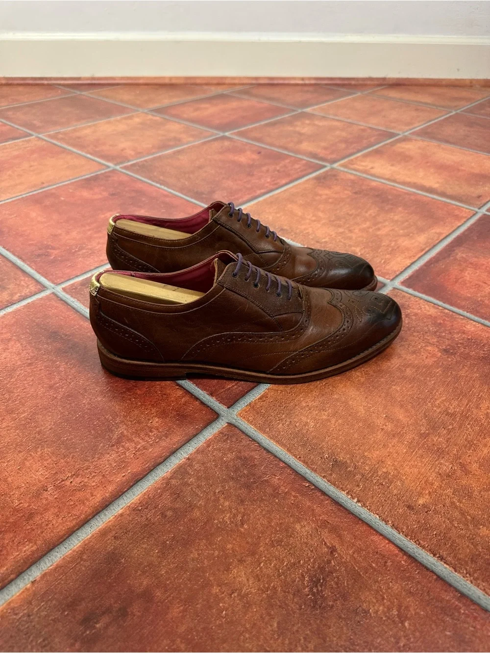 Ted Baker Men's Wingtip Leather Derbys with Brogue Detail and Pink Interior